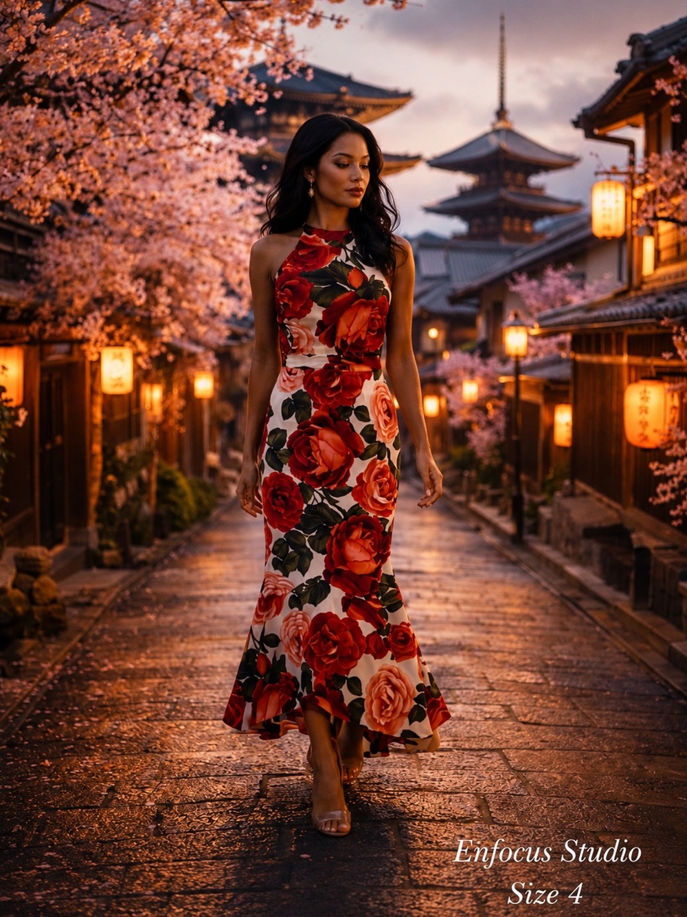 Enfocus Studio Red and Cream Floral Halter Maxi Dress